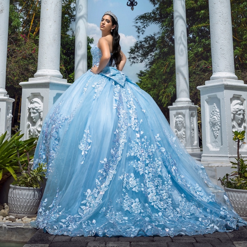 Sky Blue Shiny Quinceanera Dress Ball Gown Off The Shoulder Lace Applique Beaded Tull Corset Sweet 16 Vestido De 15 Anos