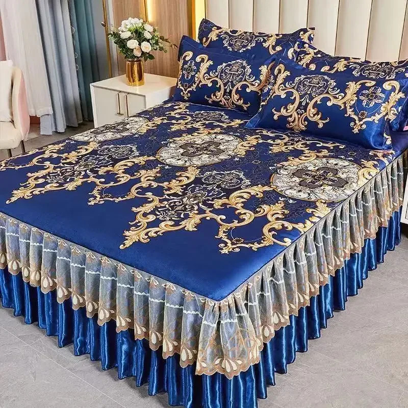 3Pcs/Lot Double Bed Sheet Set Classic Lace Royal Blue Bed Sheet Bed Skirt Machine Washable Wedding Bedspread Mattress Cover 240807