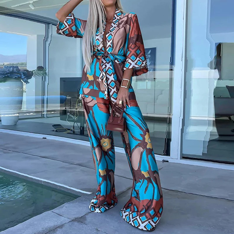 Casual Loose Holiday Two Piece Sets Womens V-neck Cardigan Tops with Long Pants Suits 2024 Spring Vintage Printed Beach Outfits 240813