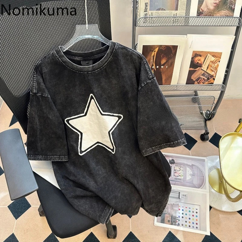 Retro T-shirt Womens Clothing Star Printed Short Sleeve O-neck T-shirt Oversized Top Y2k T-shirt Casual Fashion Harajuku T-shirt240807