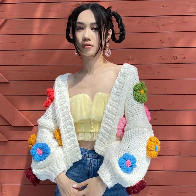 Harajuku Flower Knitted Cardigan Women Sweet Cute Cropped Sweater Coat Y2K Streetwear Floral Knitwear Winter Korean Jumpers Tops 240808