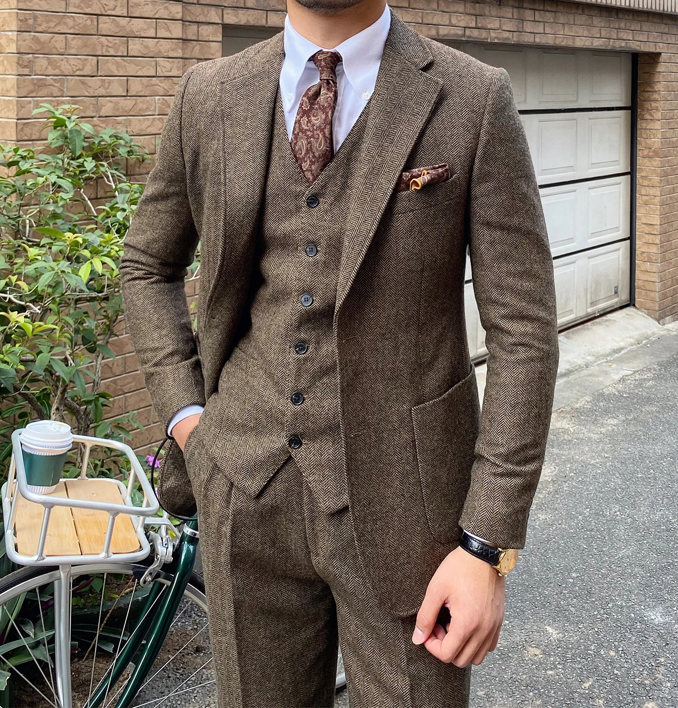 Herringbone Tweed Men's 3-Piece Business Slim Fit Suits For Groomsmen Wedding