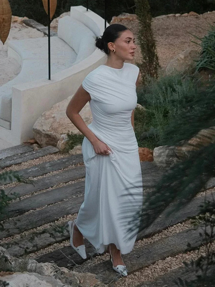 Elegant Asymmetry Pleated Maxi Dress Women Fashion Short Sleeve Elastic Long Dresses 2024 Casual Lady Highstreet Robes 240808