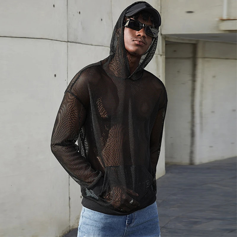 Fashionable mens see through mesh hoodie hollow transparent sexy Tshirt autumn fashion long sleeved zipper 240829