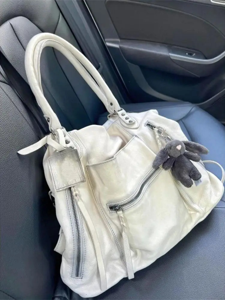 JIAERDI Girls White Tote Bag Women Vintage Leather Soft Large Capacity Handbag Messenger Bag Female Y2k Grunge Shoulder Bags 240808