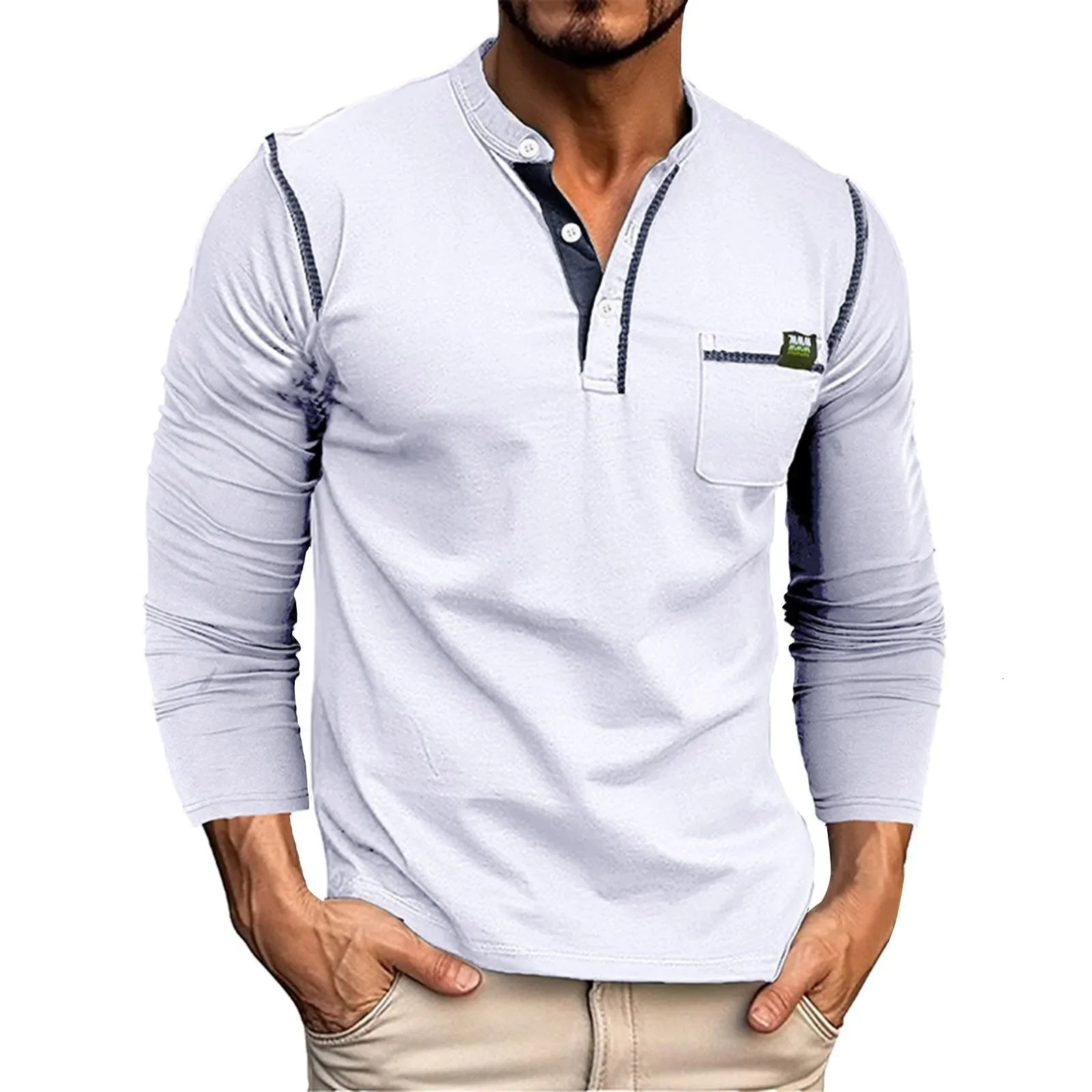Mens SpringSummer Long Sleeve Solid Pocket Polo Shirt with Alphabet Stripe Splicing Raglan Top Triple Zipper Tshirt 240816