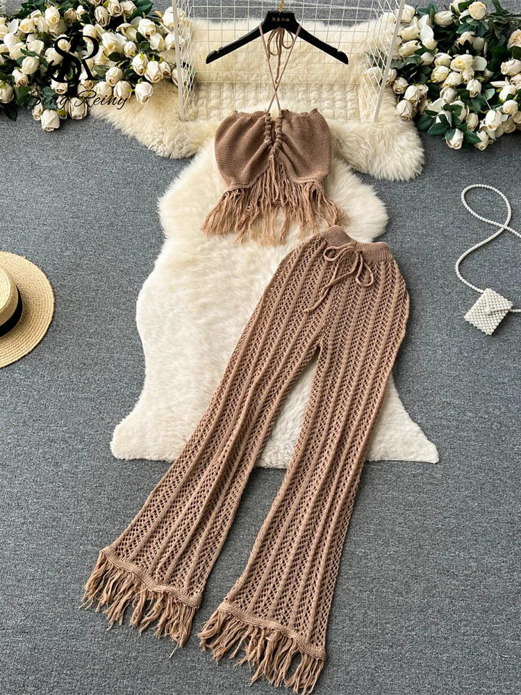 SINGREINY Summer Knitted Beach Two Pieces Sets Women Halter Backless CamisWide Legs Long Pants Tassel Hollow Out Bohe Suits 240813