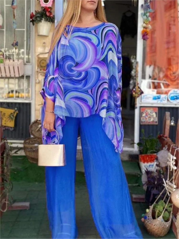 Summer Fashion Printed Chiffon Two Piece Sets 2024 Women Casual Loose Chiffon Blouse Wide Leg Pants Two Piece Set Women 240813