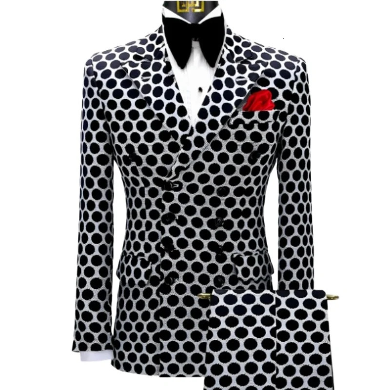 Mens jacket set 2 piecesset Polka dot printed double chest and pants pieces Business occasion Daily wear 240807