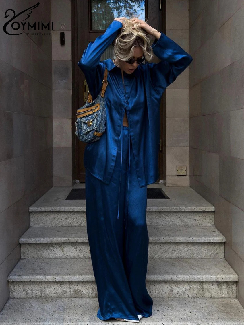 Oymimi Casual Loose Blue Satin Womens 2 Piece Outfit Set Elegant Long Sleeve Shirt With High Waist Wide Pants Set Streeetwear 240813