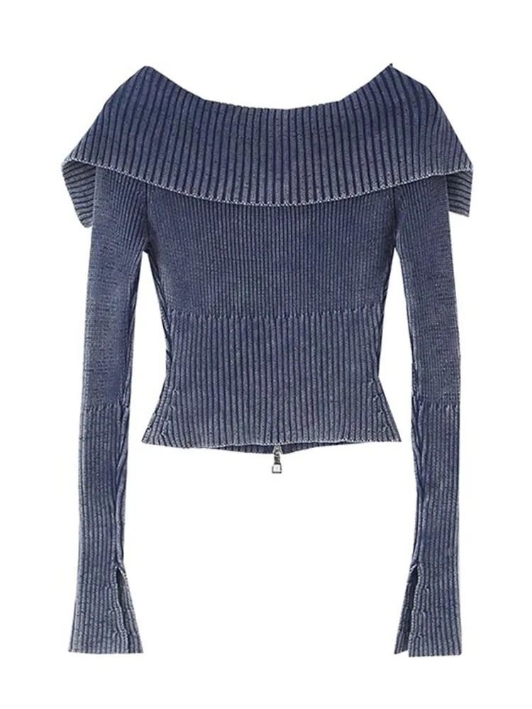 Autumn Y2K Knitted Women Cardigan Sweater Wrist Sleeve Slim Turn-Down Up Collar Double Zippers Female Crop Top C-192 240808