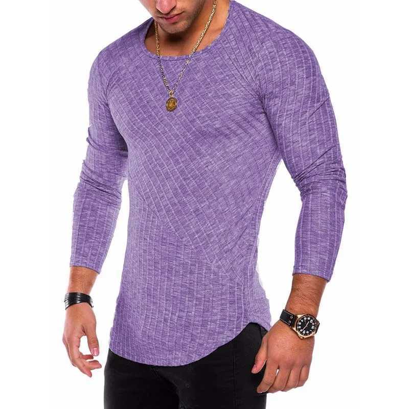 Spring Autumn T Shirt Men Casual Long Sleeve O-Neck Men T Shirt Striped Elastic Solid Tshirt Slim Fit Streetwear Tee Shirt HommeM240814