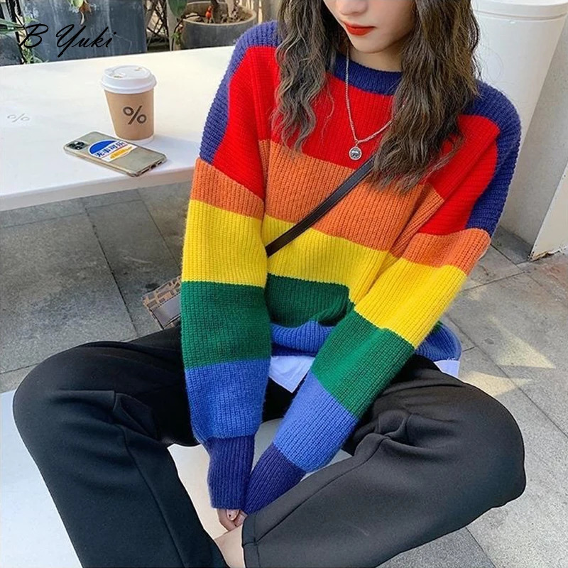 Blessyuki Oversized Knitted Rainbow Sweater Women Fashion Stripes Contrast Round Neck Pullover Sweater Casual Loose Cute Jumper 240808