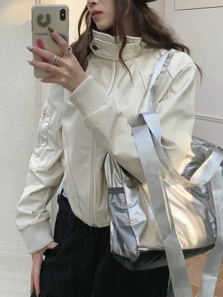 Stand up collar zipper womens Pu jacket loose casual motorcycle Jaquetas retro cut white leather autumn 2023 Coats 240807