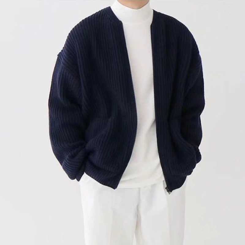 Knitted Sweaters for Men Round Collar with Pockets Man Clothes Plain Zip-up Jacket Cardigan Crewneck Solid Color Coat Zipper A SM240808