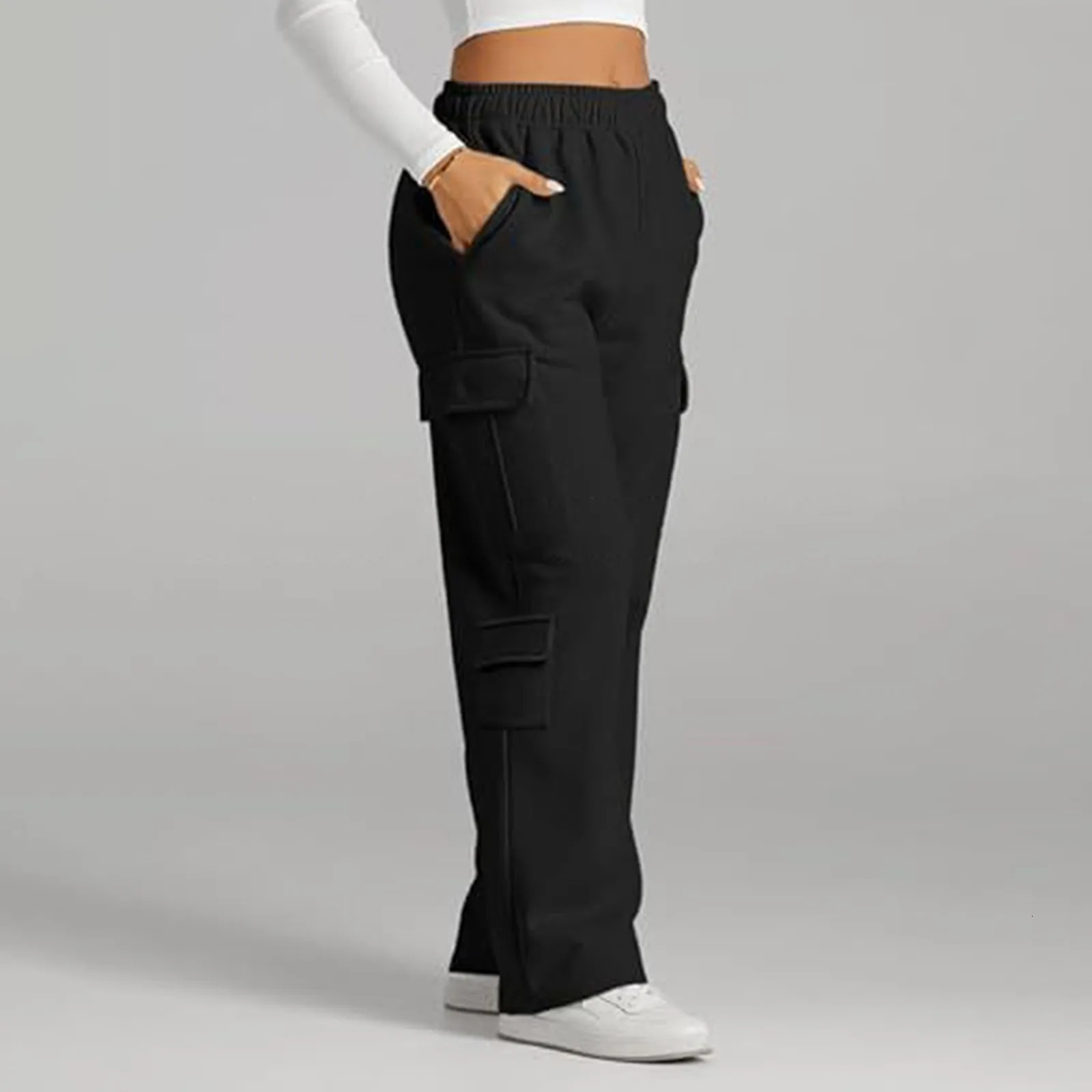 Womens Cargo Sweatpants Wide Leg Fleece Lined Pants For Women Fall Winter Baggy High Waisted Joggers Pant With Pockets Mujer 240807