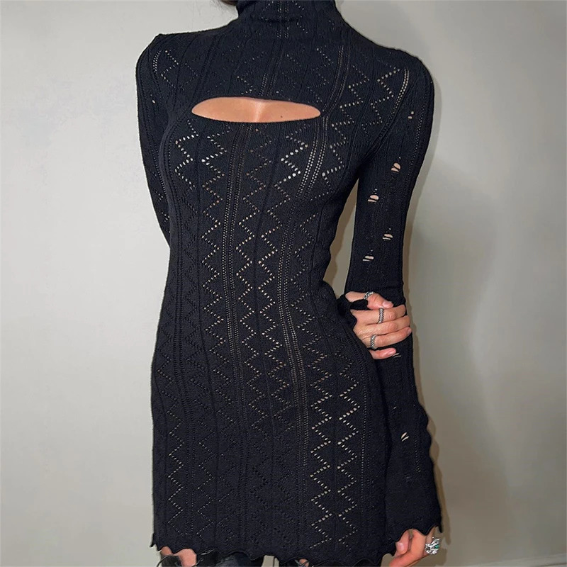Spring Turtleneck Hollow Out Knitted Dress Women Sexy Wave Jacquard Mini Short Dress Autumn Long Sleeve Bodycon Party Dress 240808