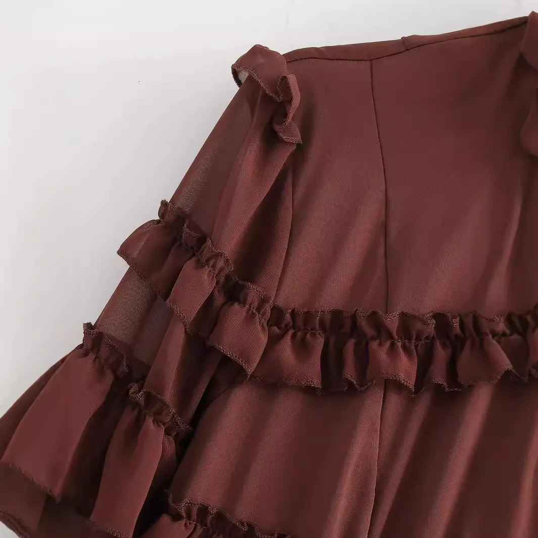 Womens Solid Colour Round Neck Multi Layered Dress Chiffon Ruffle Long High Waist Full Sleeve Street Dresses 240808