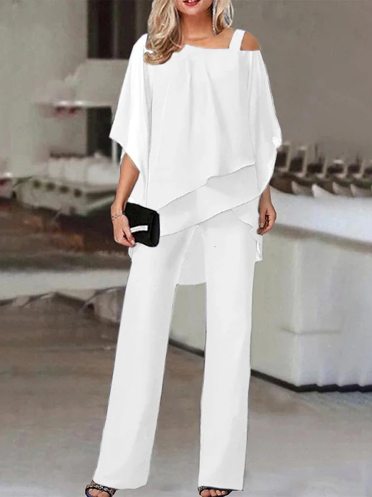Matching Collection Fashion Womens Bat Sleeve Top Casual Off Shoulder Party Elegant Wide Leg Pants Womens Two Piece Set 240813