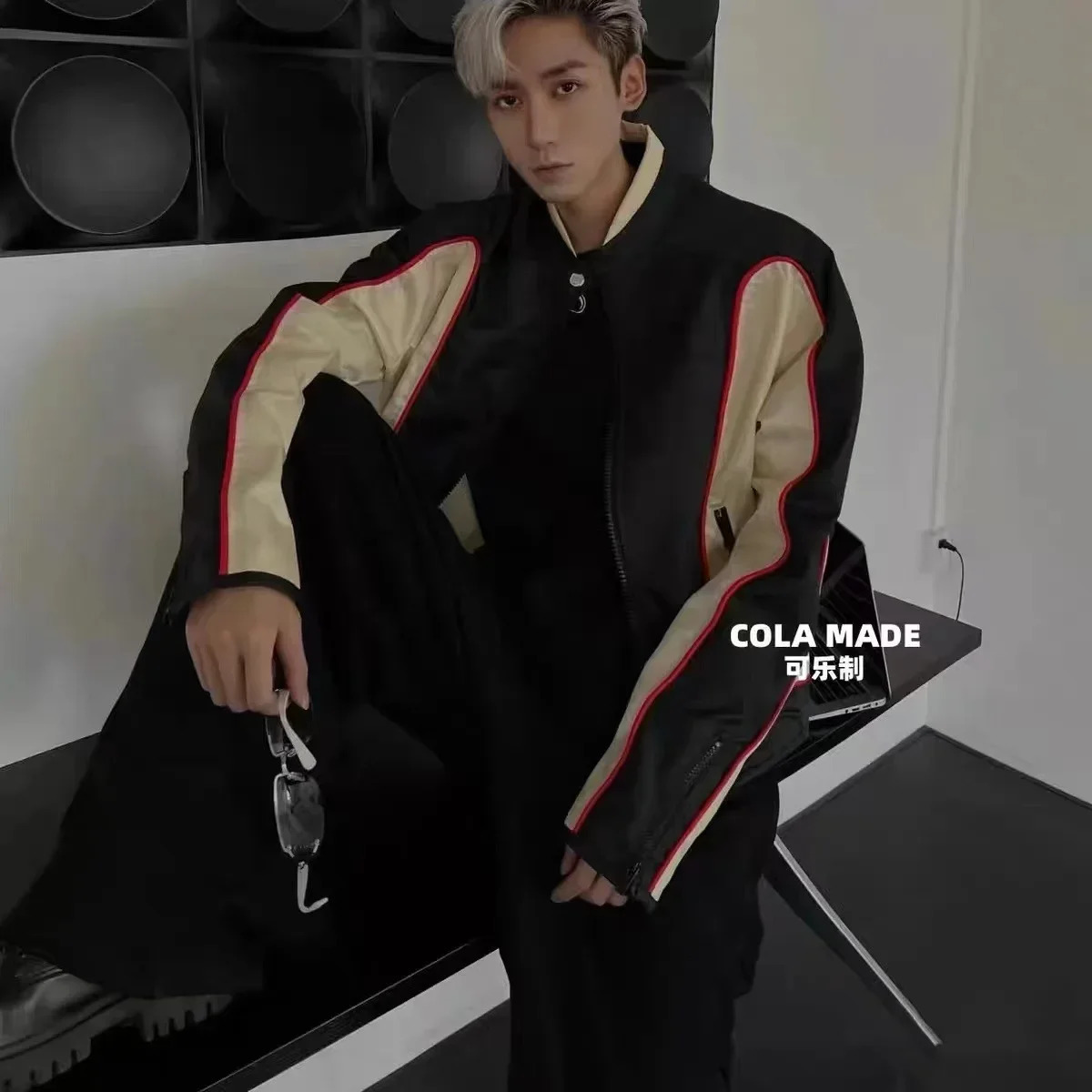 Retro patch work jacket mens loose autumn bomber stand collar university zipper windproof casual streetwear unisex 240827
