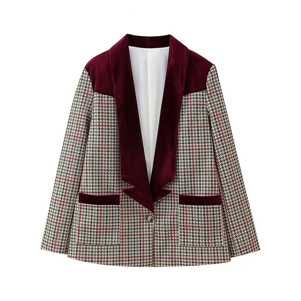 Aoaiiys Plaid Blazer for Women Coats Chic Patchwork Velour Elegant Basic Single Button Jackets Fashion Causal Outerwear 240808