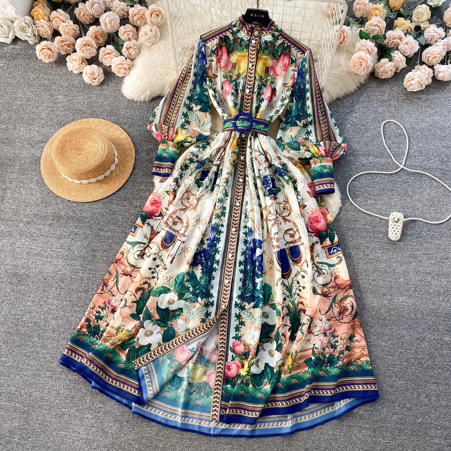 Spring Summer Holiday Gorgeous Flower Chiffon Dresses Womens Stand Long Lantern Sleeve Belt Floral Print Loose Robe Vestidos 240808