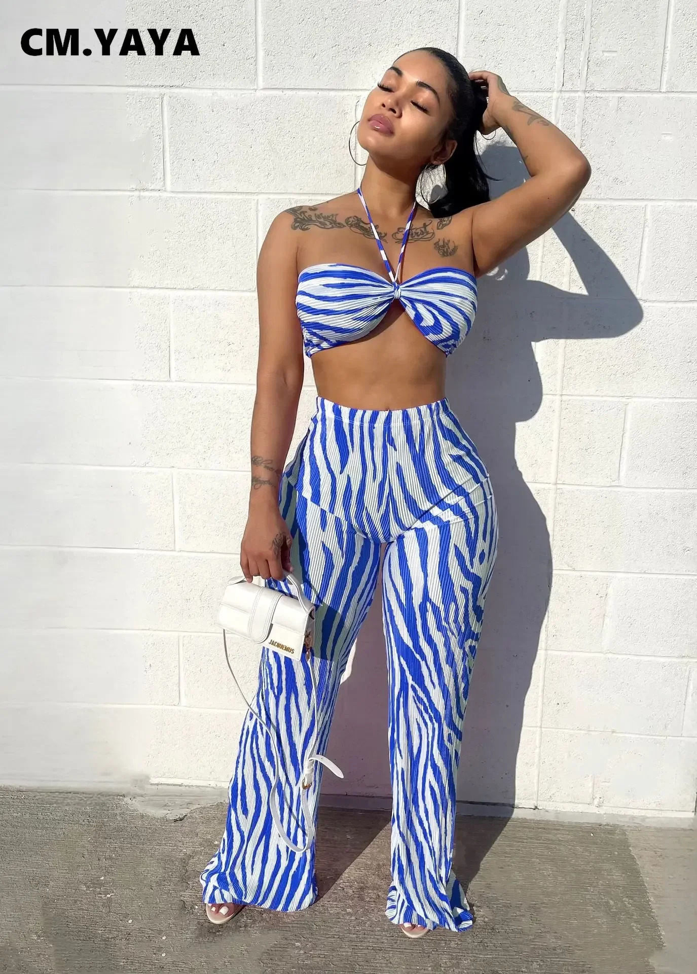 CM.YAYA Zebra Printed Pleated Womens Set Crop Top and Wide Leg Pants Suit Summer Fashion Two 2 Piece Set Outfits Tracksuit 240813