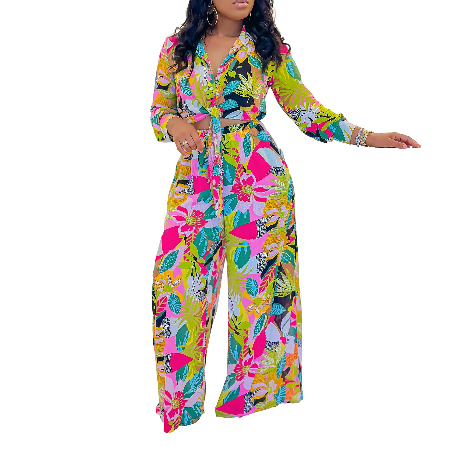2 Piece Women Sets 2024 Arrival Summer Autumn Matching Sets Flower Print Two Pieces Sets Top Pants Suits Outfits Clothing 240813