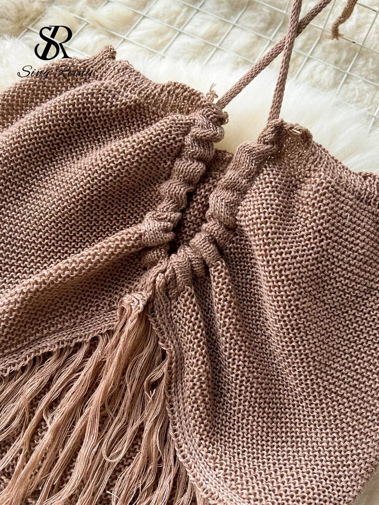 SINGREINY Summer Knitted Beach Two Pieces Sets Women Halter Backless CamisWide Legs Long Pants Tassel Hollow Out Bohe Suits 240813