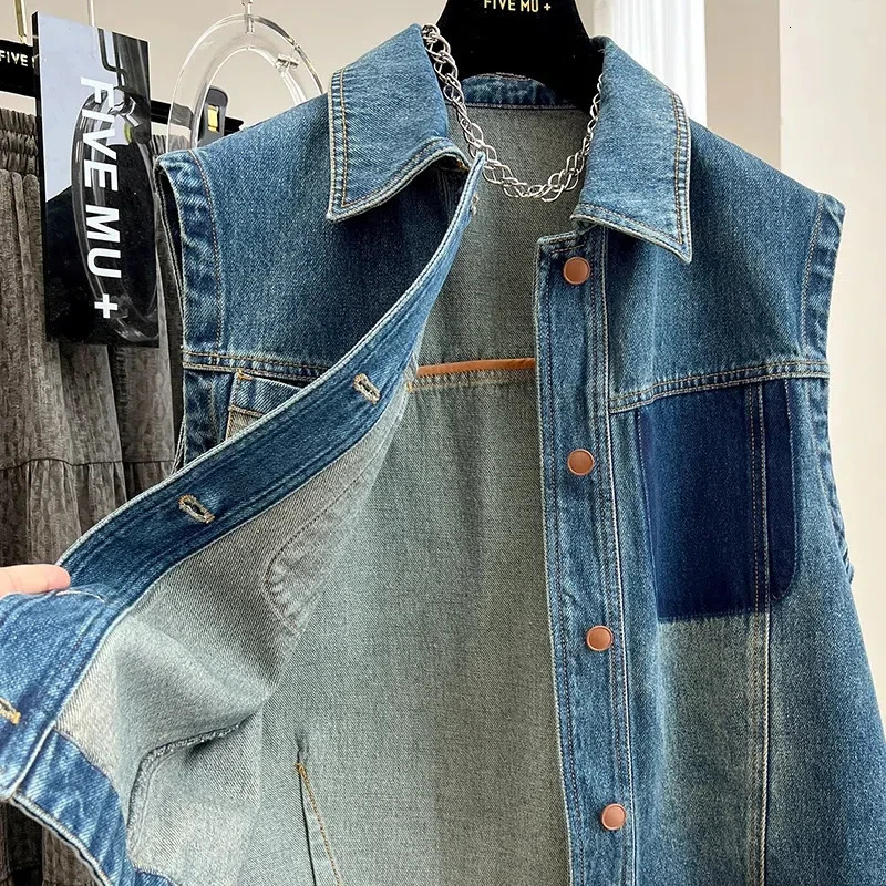 Autumn Womens Patchwork Turn-down Collar Button Pocket Fashion Solid Color Casual Loose Sleeveless Cowboy Vest Tops 240808
