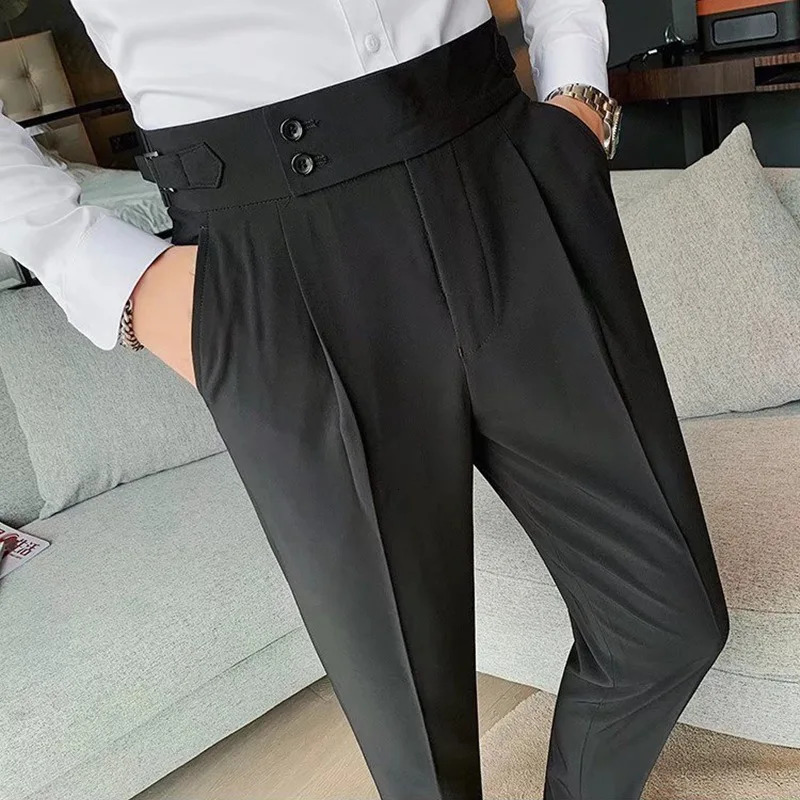 Oldyanup Men Naples Suit Pants Slim Fit Pencil Pant Spring Autumn High Waisted Button Fashion Business Casual Trousers Male 240807