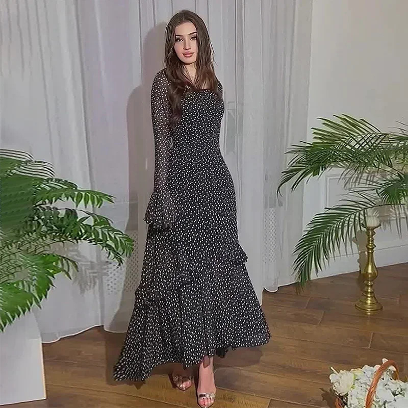 Eid Muslim Party Dress Women Polka Dot Ramadan Chiffon Long Dress Belt Morocco Kaftan Vestidos Largos Dubai Robe Jalabiya 240808