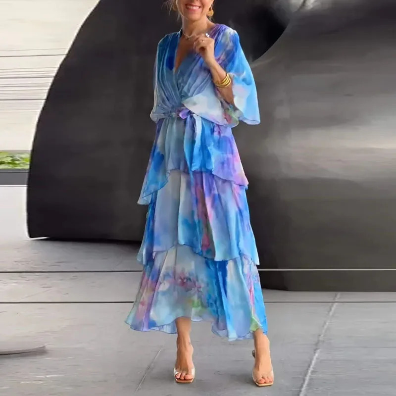 Spring Floral Print Tierred Chiffon Dress for Woman Elegant V-neck Lace Up Long Dress Summer Butterfly Sleeve Boho Maxi Dresses 240808