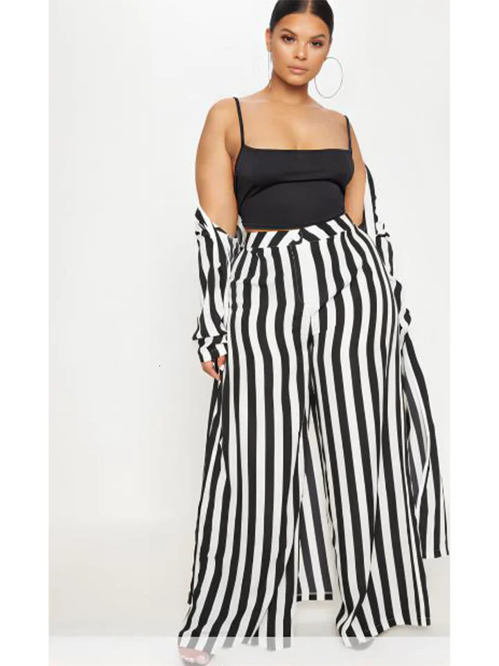 Plus Size Long Sleeve Black White Striped Set African Clothes High Waist Wide Leg Pants Two Piece Set Elegant OL Ladies Clothing 240813