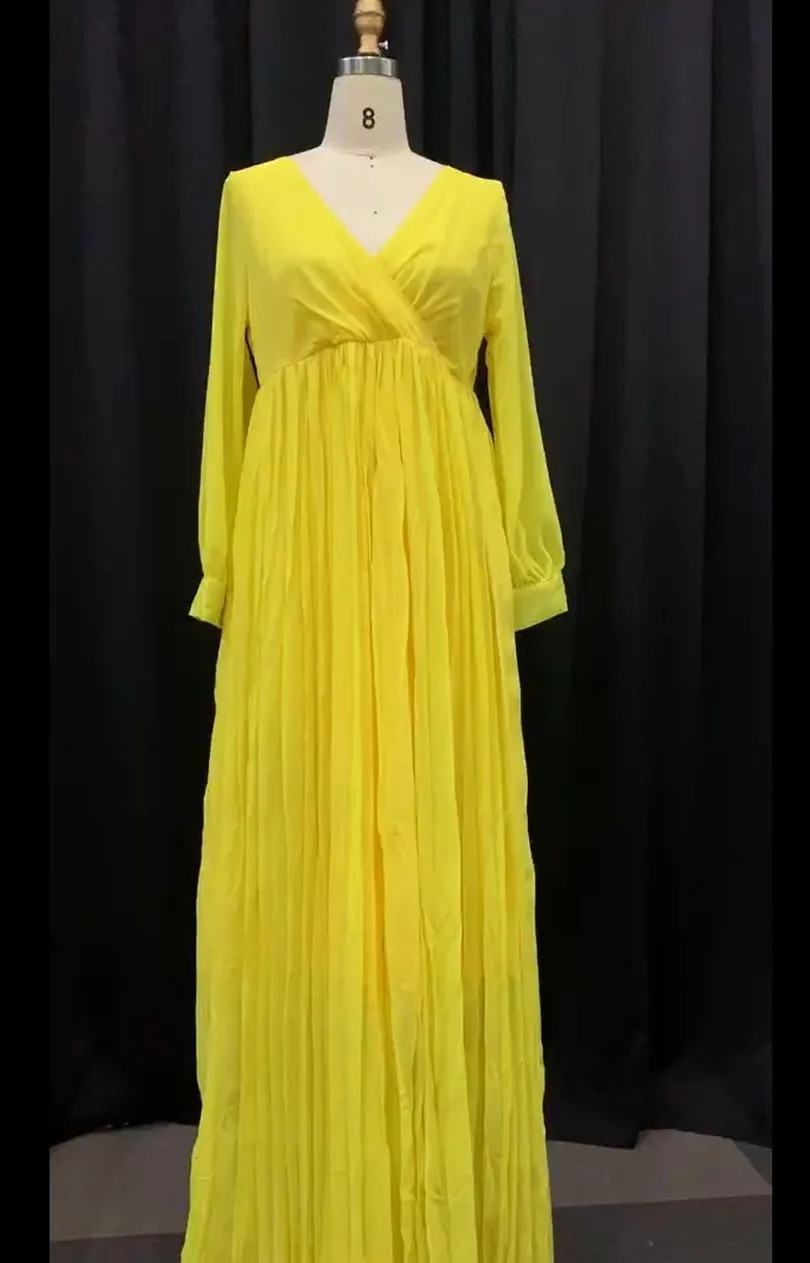 Sexy Yellow Plus Size Women Loose Long Dresses Pleated Plain Dinner Evening Party Vintage Female Autumn Maxi Dress 4XL 5XL 240808