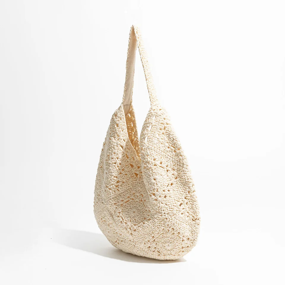 Handwoven Crochet Beach Bag for Woman Lightweight Knitted White Tote Handbag Summer Shopping Travel Shoulder Purse 2024 240808