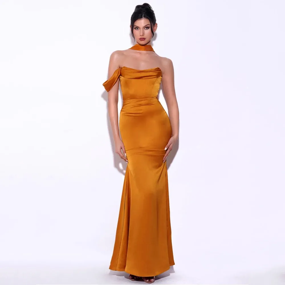 Summer Women's Prom Dresses Round Neck Sleeveless Sling Slanted Shoulder Dress Tight Sexy Backless Red Dress