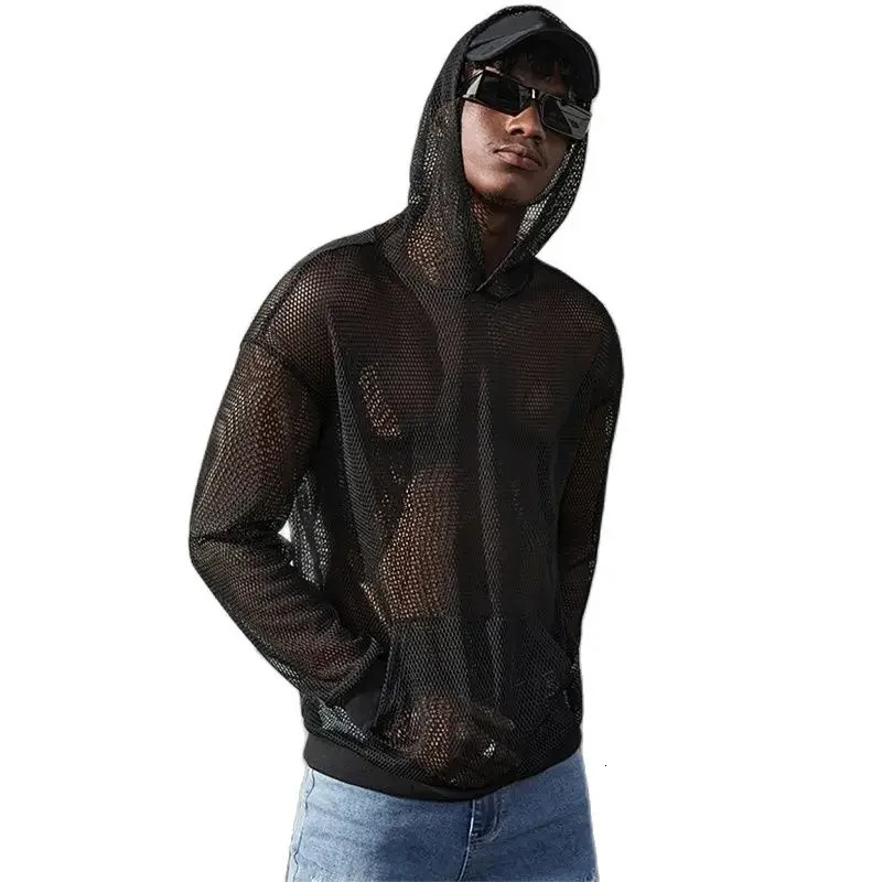 Fashionable mens see through mesh hoodie hollow transparent sexy Tshirt autumn fashion long sleeved zipper 240829