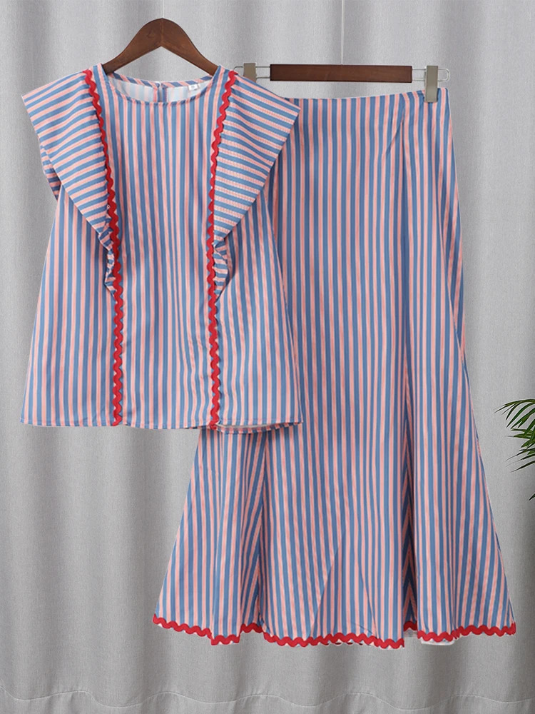 Elegant Striped Printed O Neck Flying Sleeve Tops Set Causal High Waist Slim Long Dresses Suits Summer Female High Street Outfit 240808