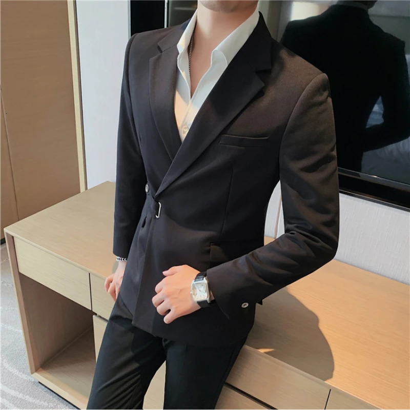 Men Dress Autumn Blazers Cotton Linen Oblique Buckle Tuxedo Man Jacket One Button Pockets Blazer Coat Homens Suit Male Clothing 240807
