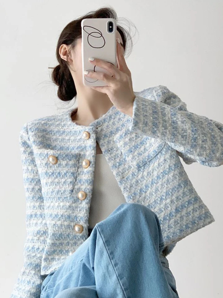 Zoki elegant British womens coarse woolen jacket fashionable ultra-thin long sleeved casual jacket sexy cut sweet womens fully matched jacket 240807