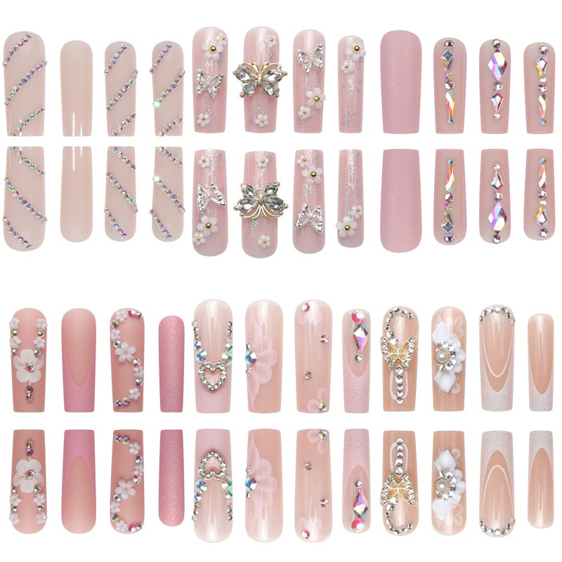 Long Square Press On Nails With Rhinestones Luxury Fake Nails 24pcs Glossy Full Cover False Nails For Women And Girls