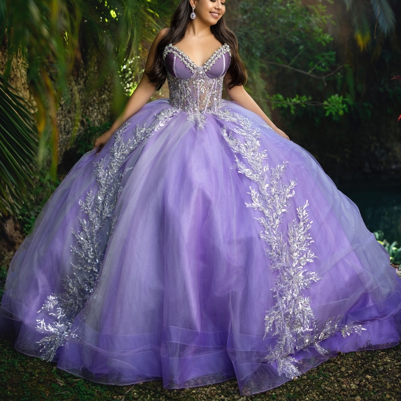 Sparkly Lavender Quinceanera Dress Ball Gown Off The Shoulder Applique Lace Beaded Crystal Tull Corset Sweet 16 Vestidos De 15 Anos