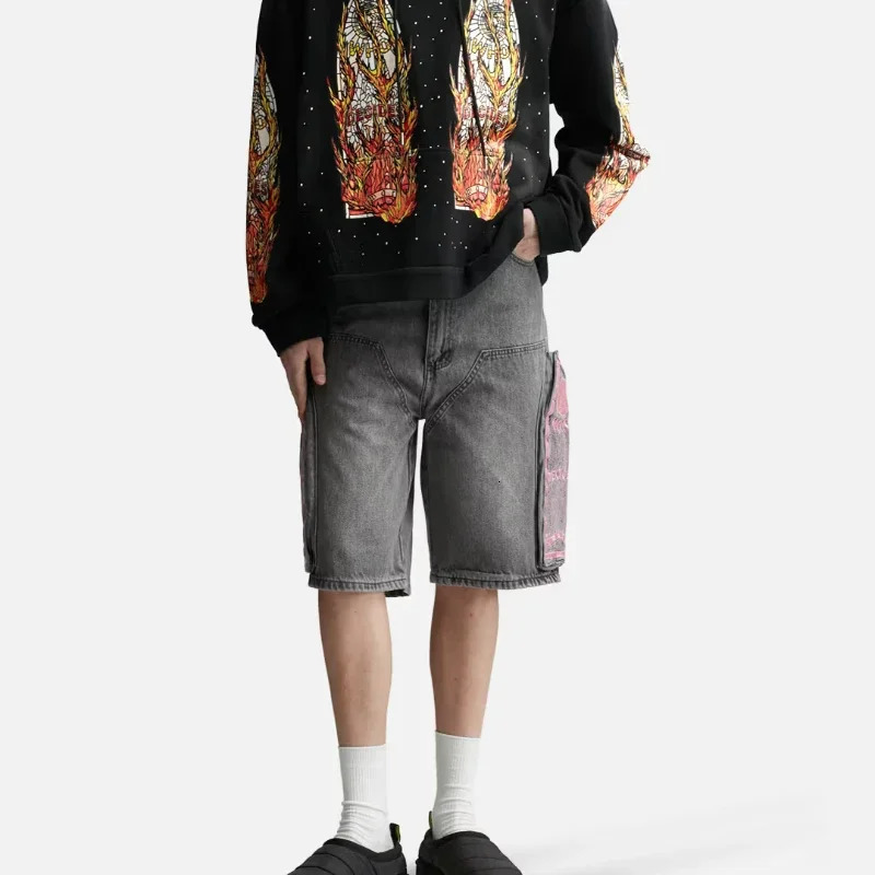 Retro slanted side pockets men denim shorts insY2k fashionable loose streetwear and women hiphop basketball pants y240814