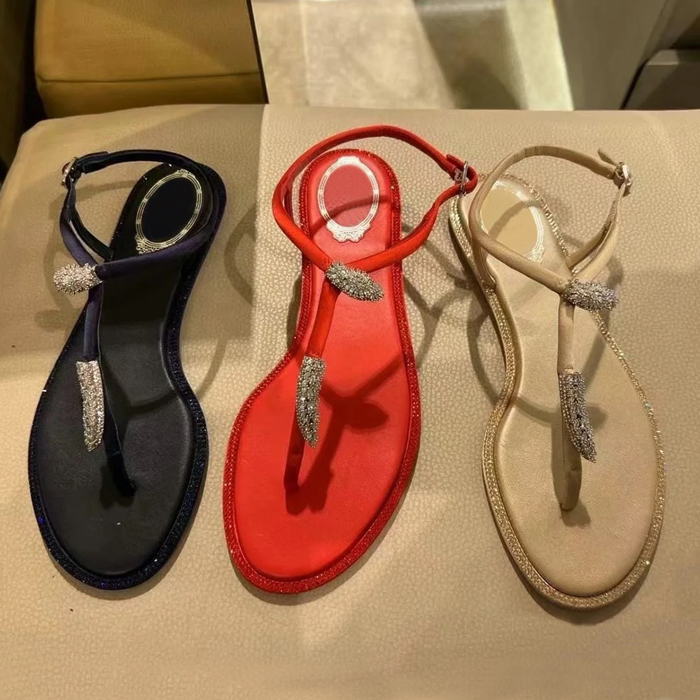 Rhinestone crystal satin Sandals flower bow Flat heels Round toe Women's Luxury Designers snake shaped crystal inlaid flat sandals With box 35-42