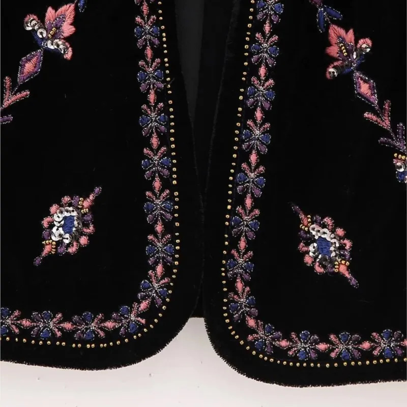 Ethnic Velour Beading Sequin Embroidery Flower Open WaistCoat Women Velvet BOHO Sleeveless Vest Jacket Vacation Loose Tops 240808