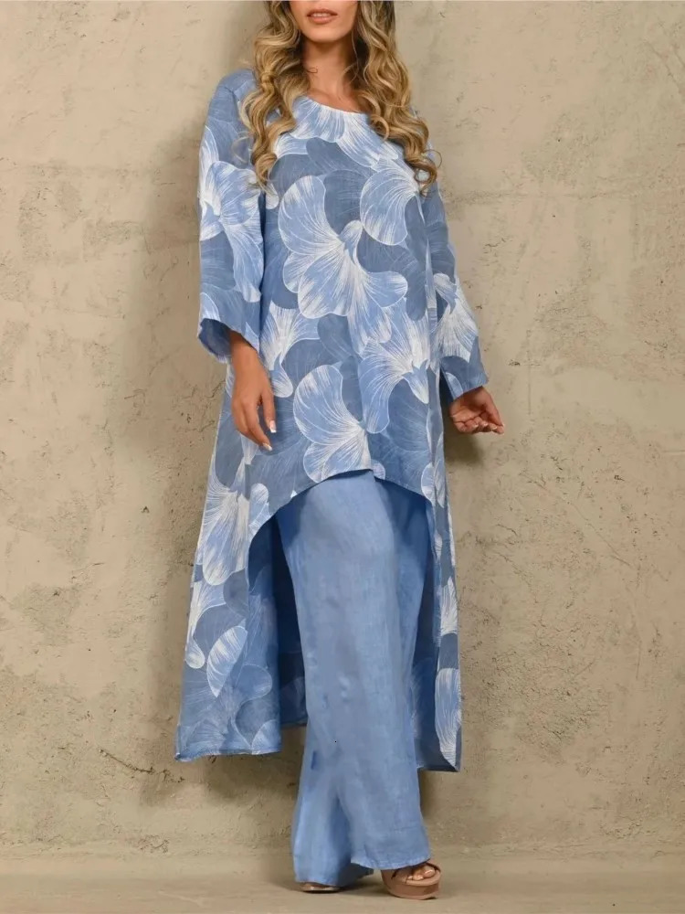 Casual Women Two Piece Sets Autumn Fashion O-neck Floral Print Long Tops Solid Wide Leg Pants Set Loose Trousers Suit 240813