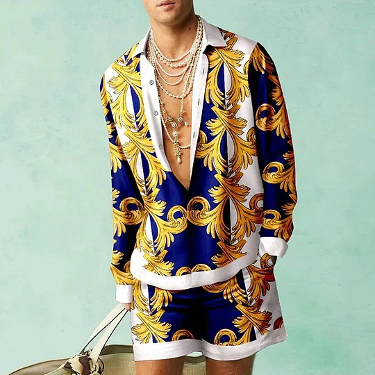 Pattern shirt set 3D printed mens casual fashion long sleeved shirt oversized beach shorts summer streetwear set240807