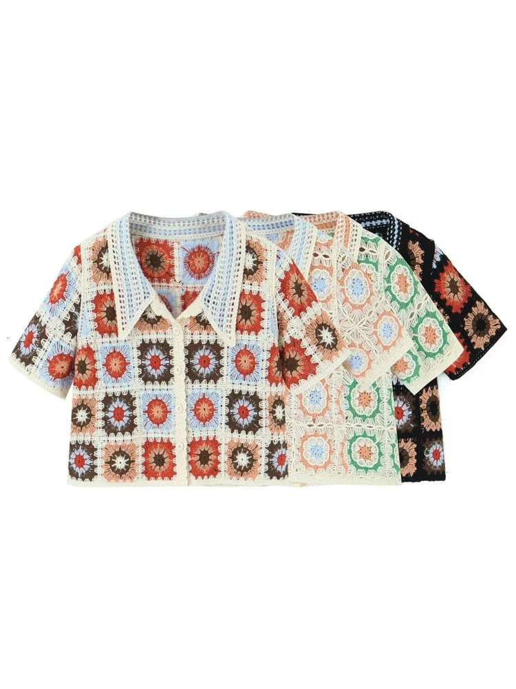BOHO Hollow Out Crochet Geometric Flower Short Sleeve Cardigan Women Summer Holiday Front Buttons Lapel Sweater Crop Tops 240808