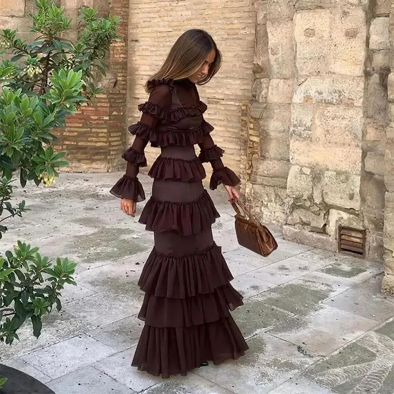 Womens Solid Colour Round Neck Multi Layered Dress Chiffon Ruffle Long High Waist Full Sleeve Street Dresses 240808